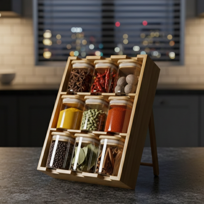 The Spice Slope: 9-Jar Fixed-Angle Bamboo & Glass Gallery (1132) - All-In-One Store Pakistan