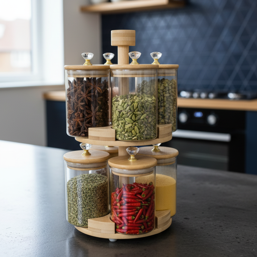 360° Rotating 2-Tier BambooLuxe Spice Tower (1108) - All-In-One Store Pakistan