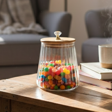 Ribbed Airtight Glass Jar with Bamboo Lid & Crystal Knob - All-In-One Store Pakistan