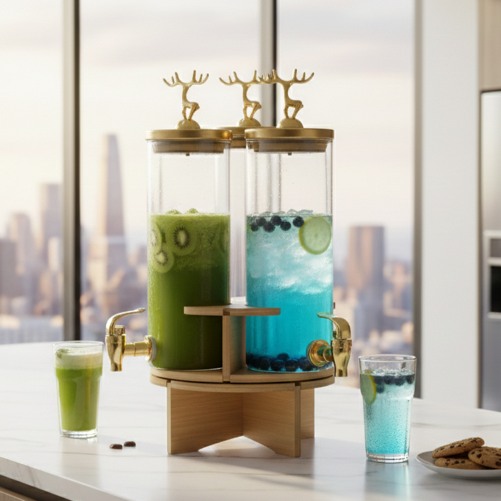 3-Pcs TintedGlass Round Beverage Dispenser Set with Rotatable Wooden Stand (1147) - All-In-One Store Pakistan
