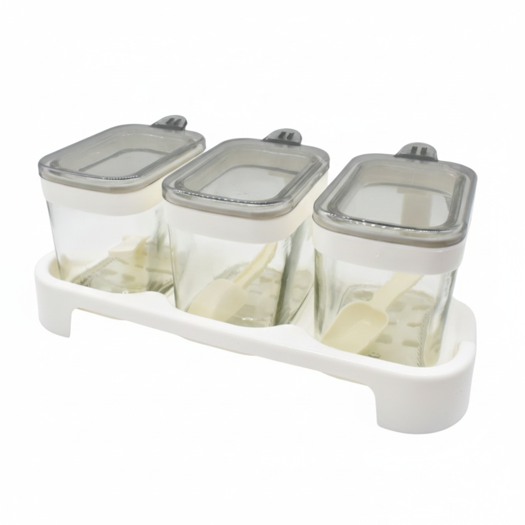 Rectangle 3-Pcs Glass Spice Jars with Plastic Lid & Stand - All-In-One Store Pakistan
