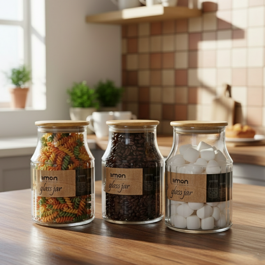 3-Pcs 1200ml Home Made Glass Jars Set with Airight Lids (2261) by Limon - All-In-One Store Pakistan