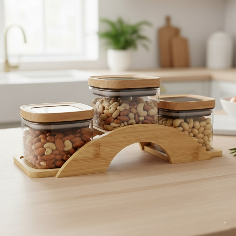 Bamboo Bridge with Square Glass Jars - All-In-One Store Pakistan