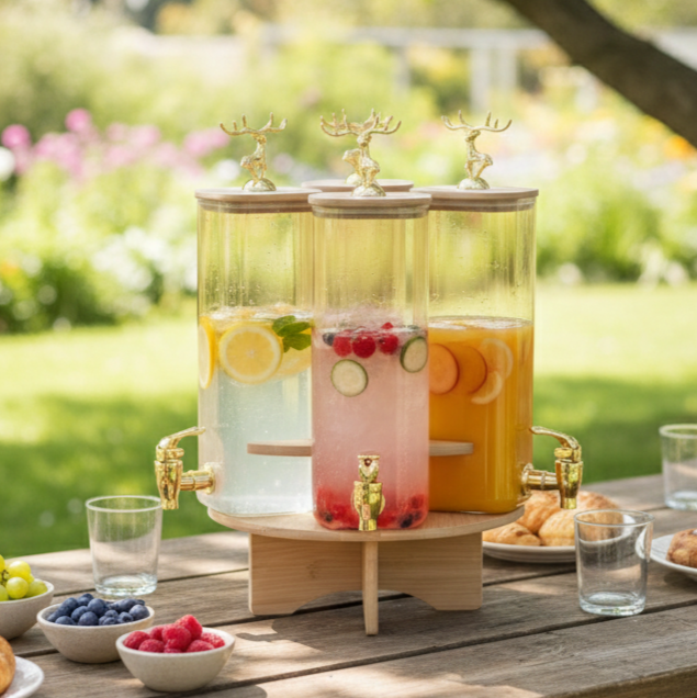 3-Pcs TintedGlass Square Beverage Dispenser Set with Rotatable Wooden Stand (1148) - All-In-One Store Pakistan
