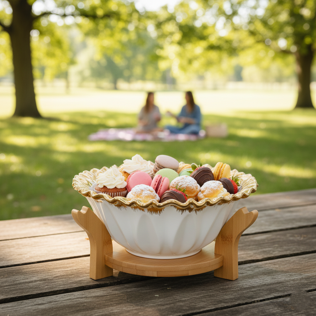 GoldRim Ceramic Bowl with Wooden Base - All-In-One Store Pakistan