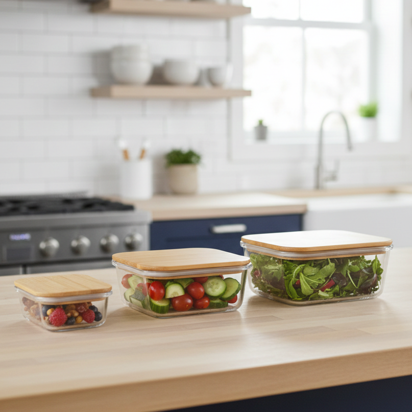 3Pcs Airtight Bamboo-Lid Glass Bowls Set (1144) – Square - All-In-One Store Pakistan