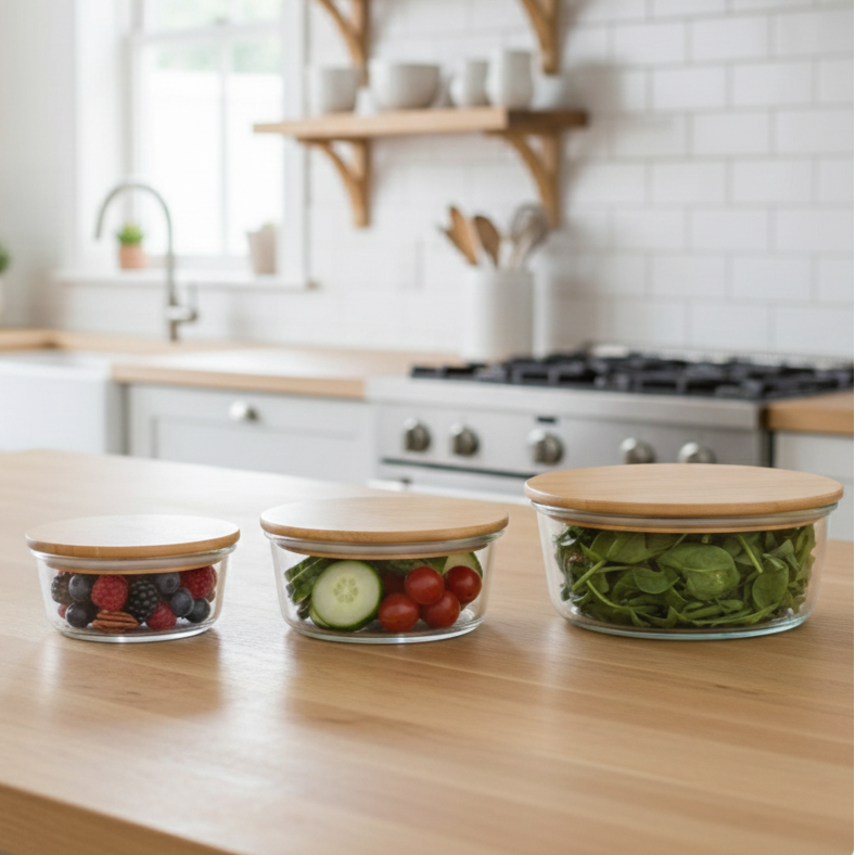 3Pcs Airtight Bamboo-Lid Glass Bowls Set (1145) – Round - All-In-One Store Pakistan