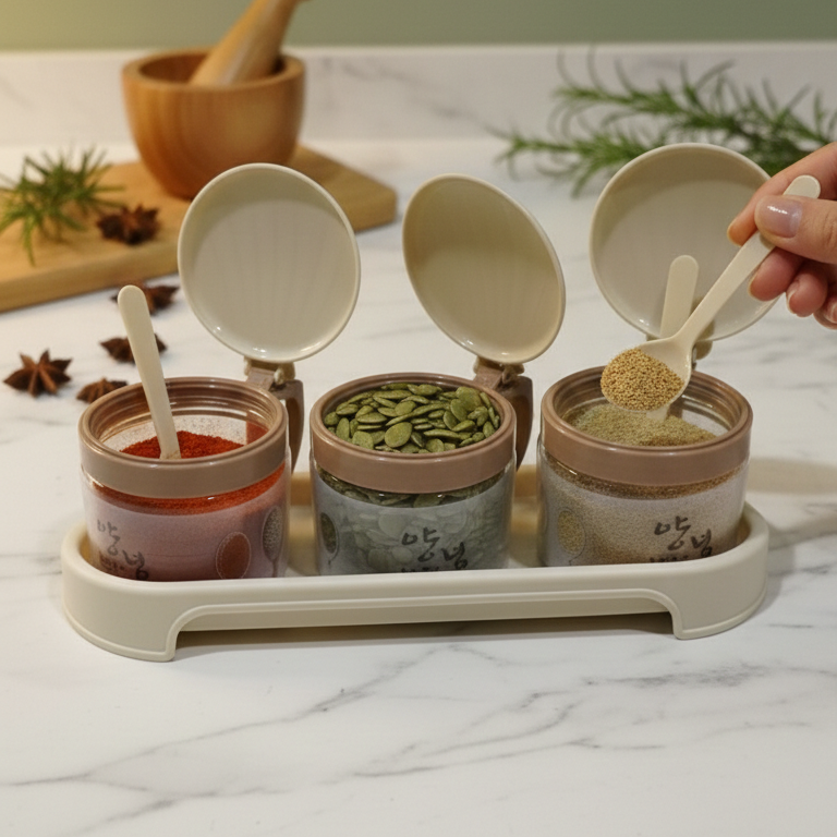Round 3-Pcs Glass Spice Jars with Plastic Lid & Stand - All-In-One Store Pakistan