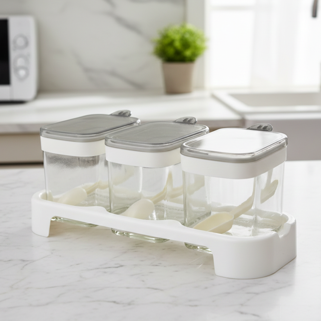 Rectangle 3-Pcs Glass Spice Jars with Plastic Lid & Stand - All-In-One Store Pakistan