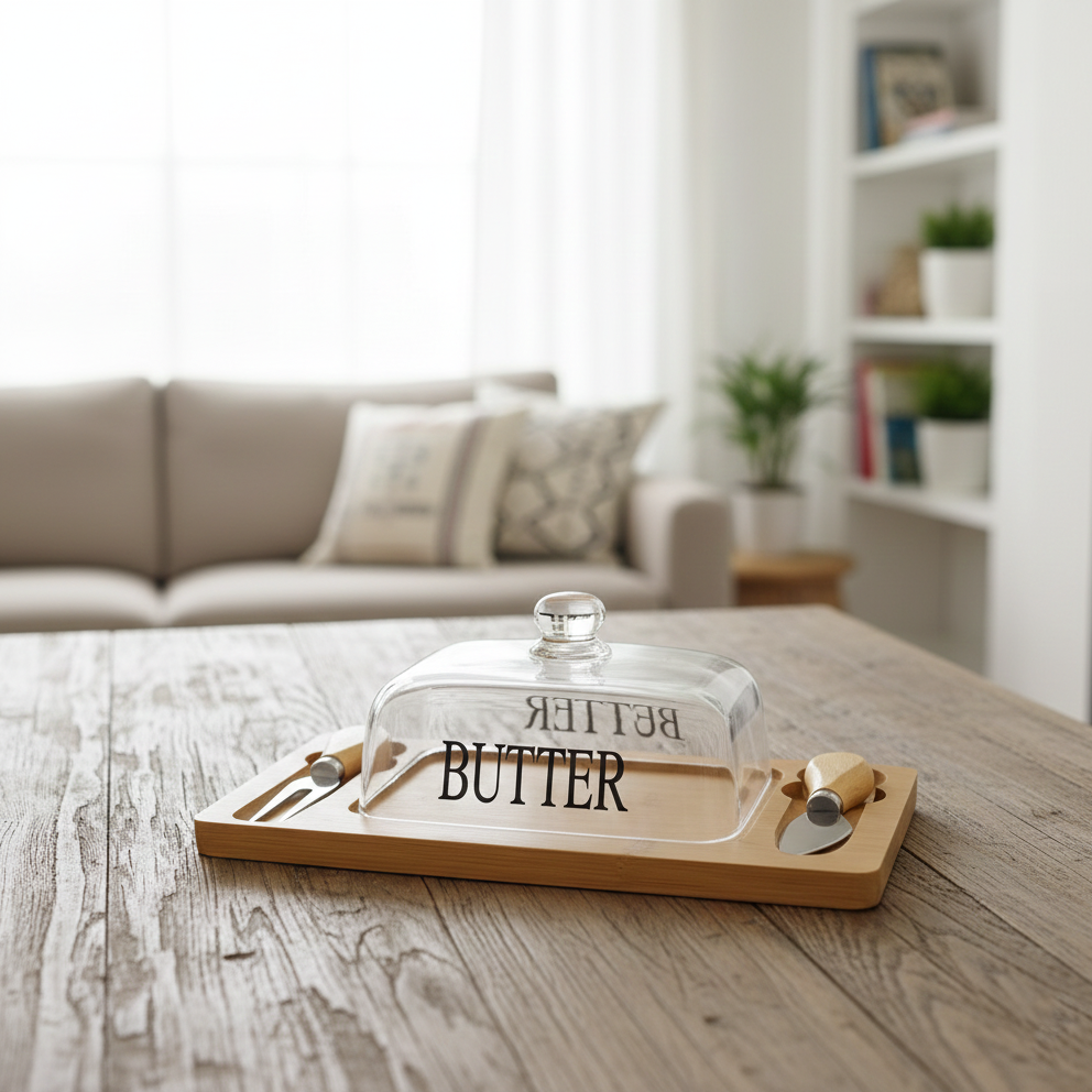 Glass Butter Dish with Bamboo Base & Dual Knives - All-In-One Store Pakistan