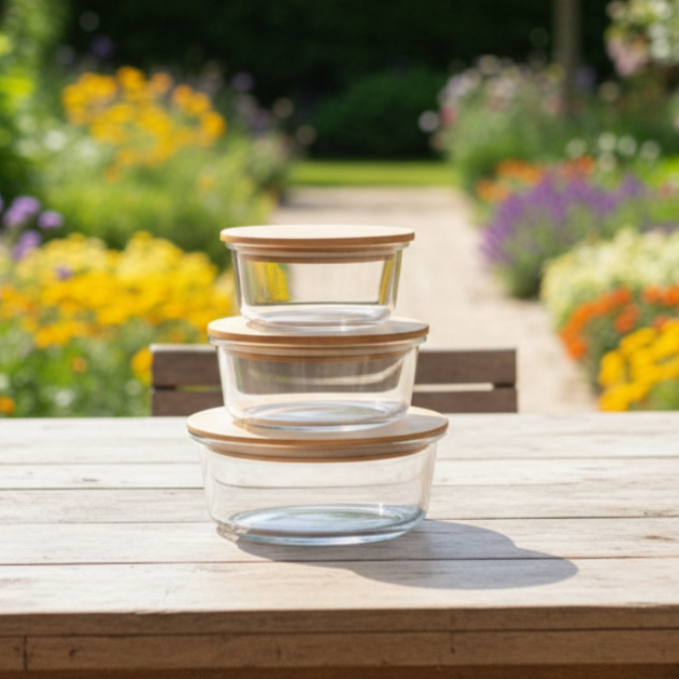 3Pcs Airtight Bamboo-Lid Glass Bowls Set (1145) – Round - All-In-One Store Pakistan