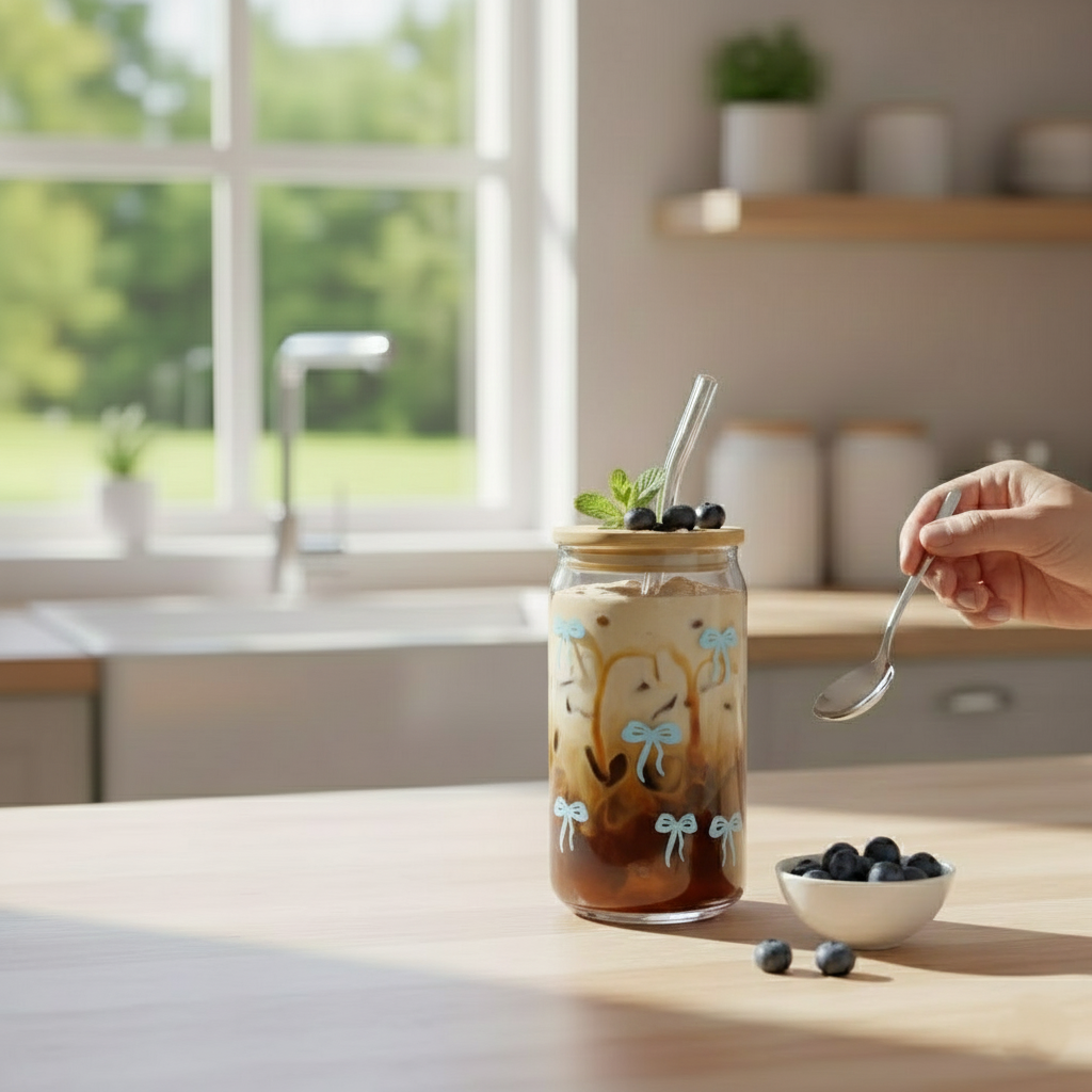 Printed Bow Glass Tumbler with Straw - All-In-One Store Pakistan