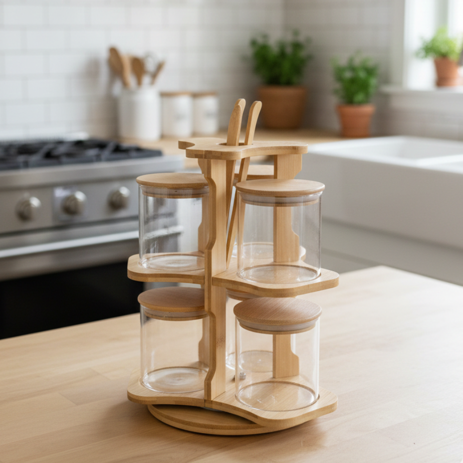 360° Bamboo & Glass Culinary Carousel with Round Jars (1134) - All-In-One Store Pakistan