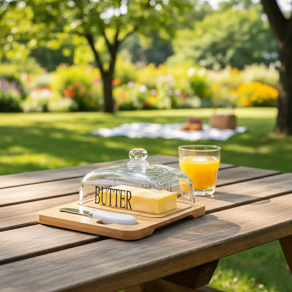 Glass Butter Dish with Bamboo Base & Knife - All-In-One Store Pakistan