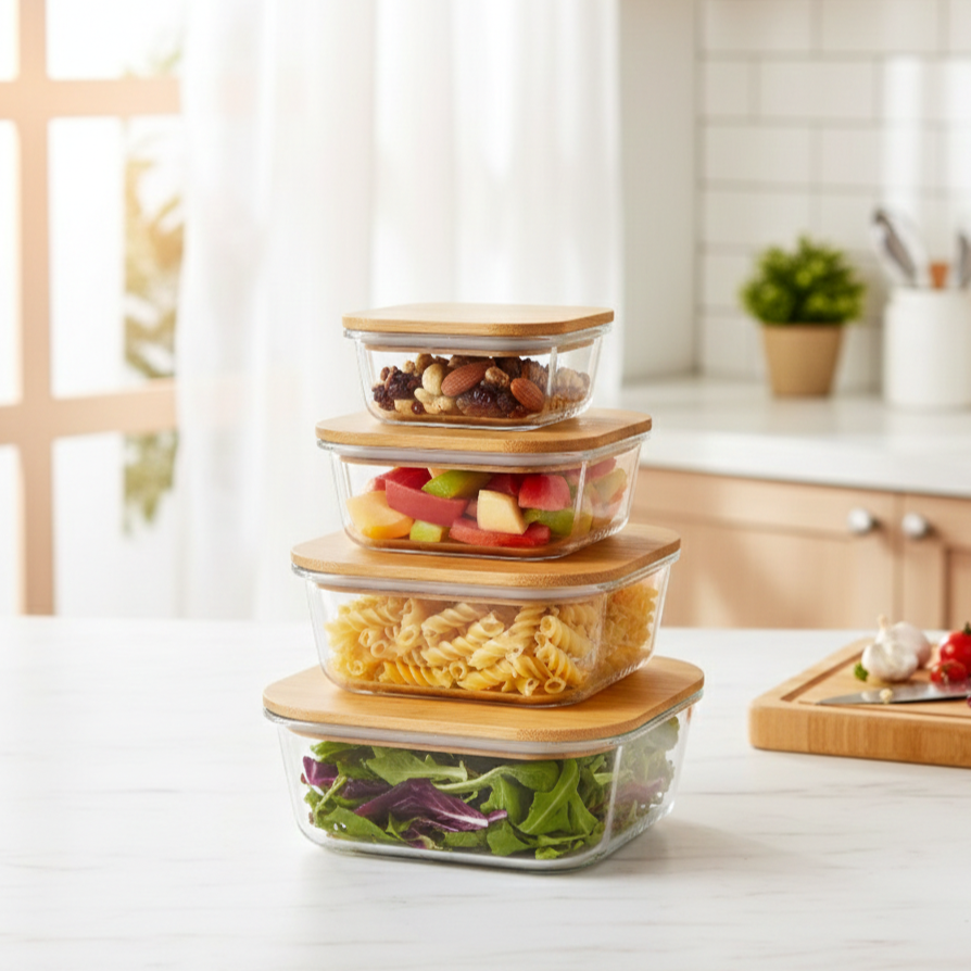 4Pcs Airtight Bamboo-Lid Glass Bowls Set – Square - All-In-One Store Pakistan