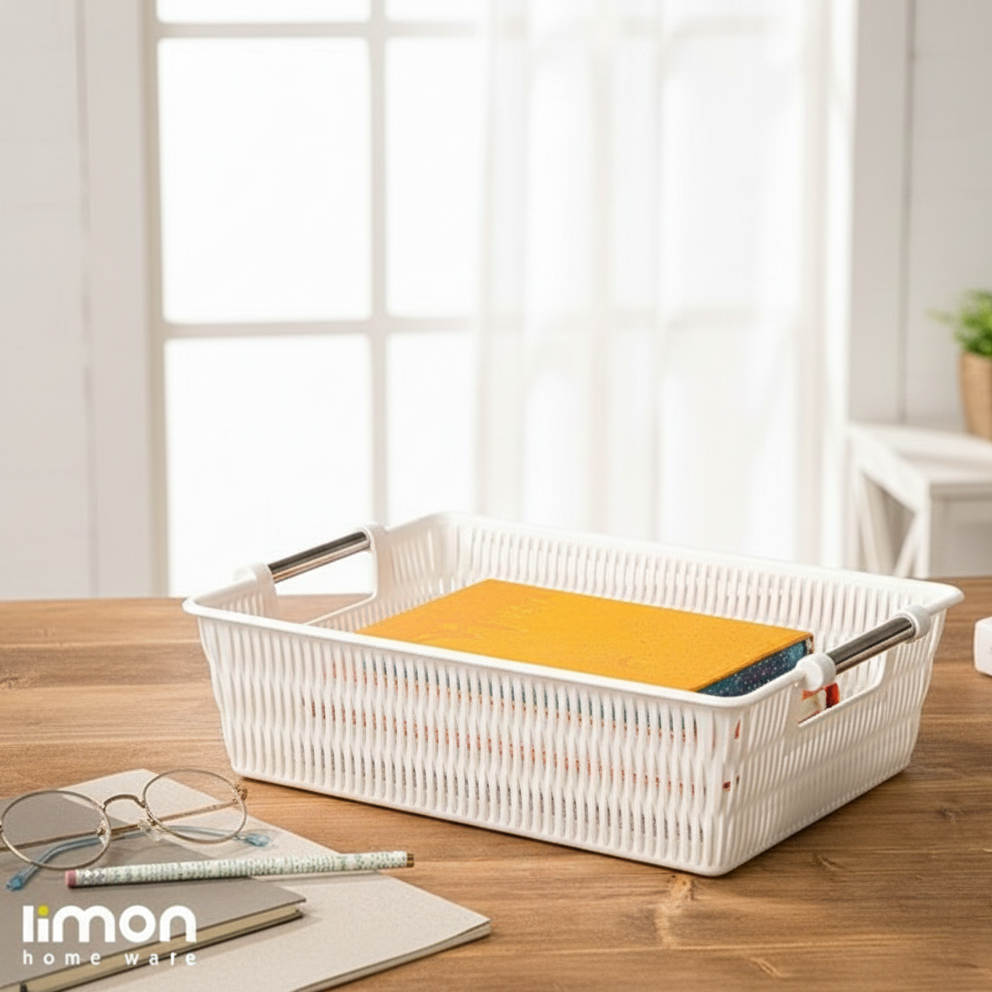 Multipurpose Rectangle Bamboo Basket with Steel Handles by Limon - All-In-One Store Pakistan