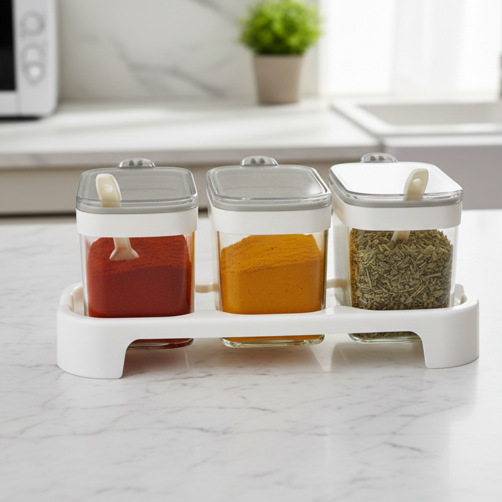 Rectangle 3-Pcs Glass Spice Jars with Plastic Lid & Stand - All-In-One Store Pakistan