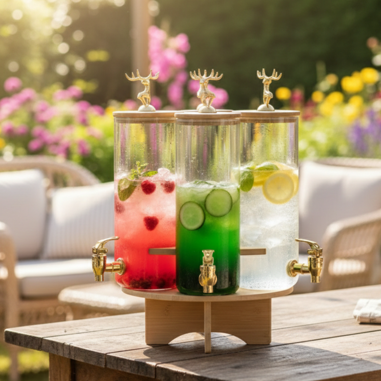 3-Pcs TintedGlass Square Beverage Dispenser Set with Rotatable Wooden Stand (1148) - All-In-One Store Pakistan