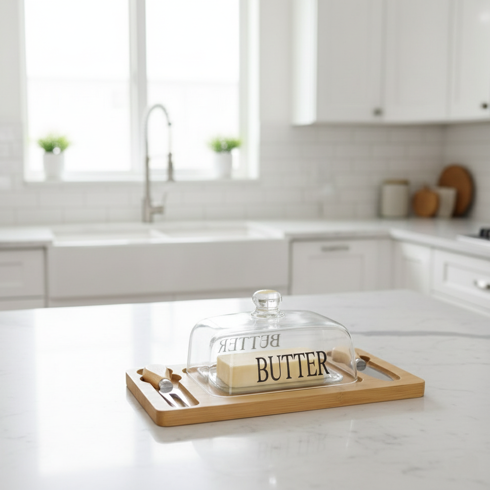 Glass Butter Dish with Bamboo Base & Dual Knives - All-In-One Store Pakistan