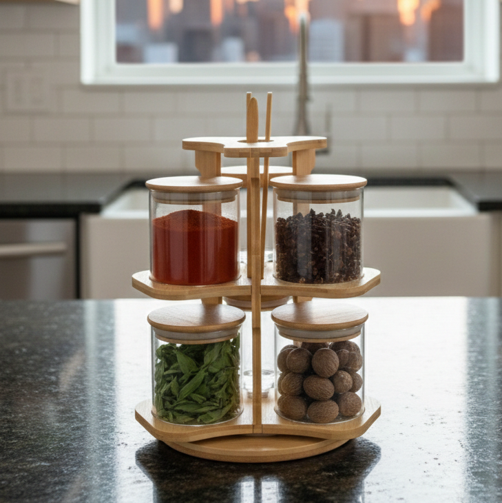 360° Bamboo & Glass Culinary Carousel with Round Jars (1134) - All-In-One Store Pakistan