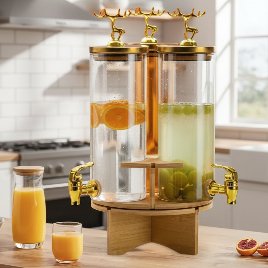 3-Pcs TintedGlass Round Beverage Dispenser Set with Rotatable Wooden Stand (1147) - All-In-One Store Pakistan