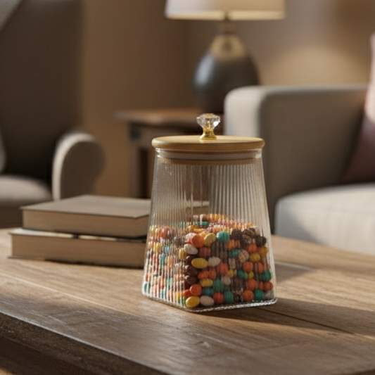 Ribbed Airtight Glass Jar with Bamboo Lid & Crystal Knob - All-In-One Store Pakistan