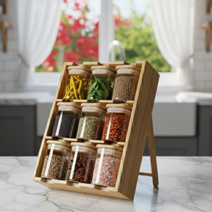 The Spice Slope: 9-Jar Fixed-Angle Bamboo & Glass Gallery (1132) - All-In-One Store Pakistan