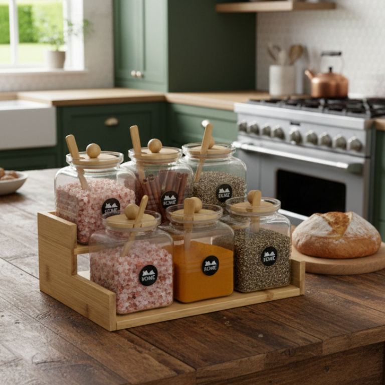 2-Tier Bamboo Spice Rack with Glass Jars & Wooden Spoons (1133) - All-In-One Store Pakistan