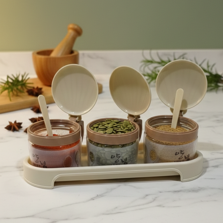Round 3-Pcs Glass Spice Jars with Plastic Lid & Stand - All-In-One Store Pakistan