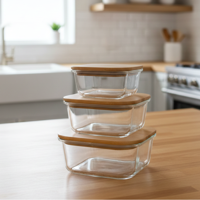 3Pcs Airtight Bamboo-Lid Glass Bowls Set (1144) – Square - All-In-One Store Pakistan