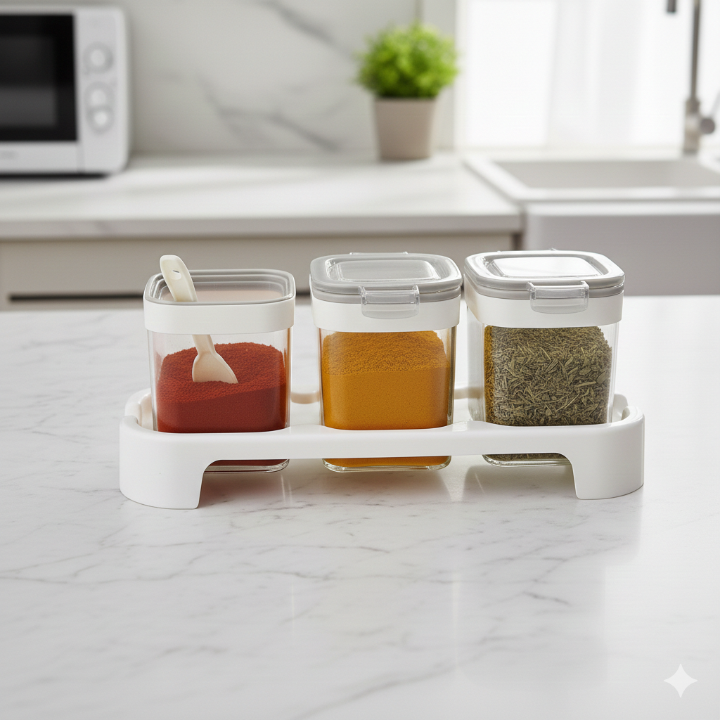 Rectangle 3-Pcs Glass Spice Jars with Plastic Lid & Stand - All-In-One Store Pakistan