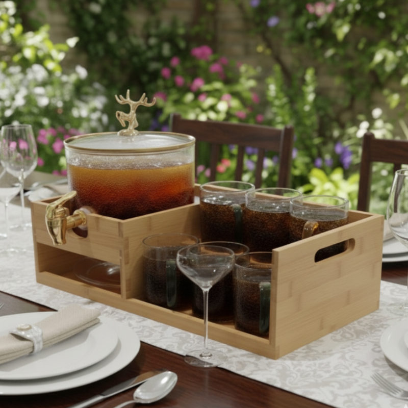 Echou GoldenDeer Glass Dispenser Set with Wooden Stand & 6 Glasses - All-In-One Store Pakistan