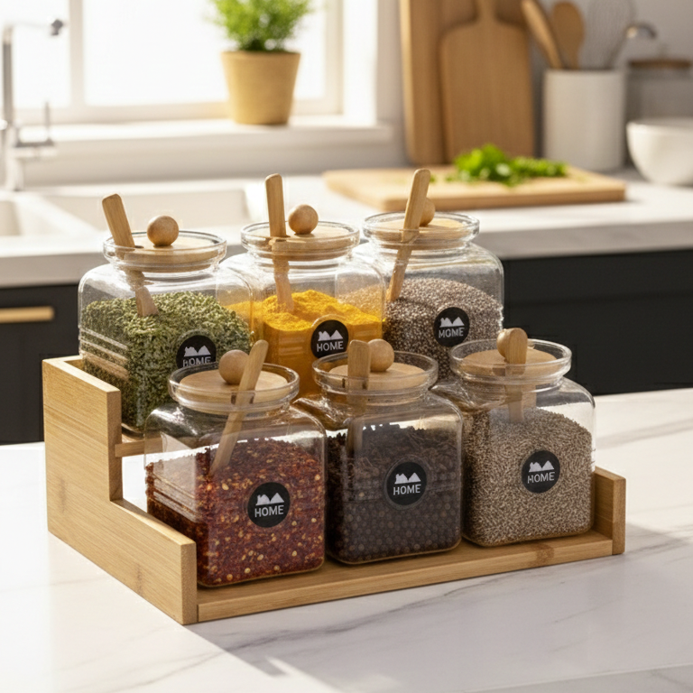 2-Tier Bamboo Spice Rack with Glass Jars & Wooden Spoons (1133) - All-In-One Store Pakistan