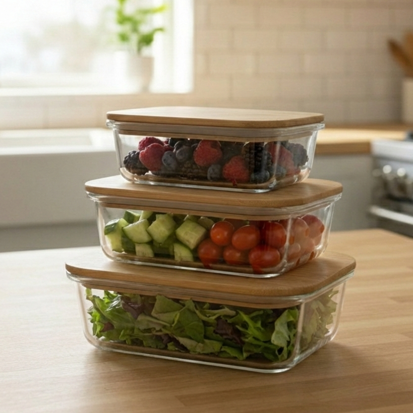 3Pcs Airtight Bamboo-Lid Glass Bowls Set (1146) – Rectangle - All-In-One Store Pakistan
