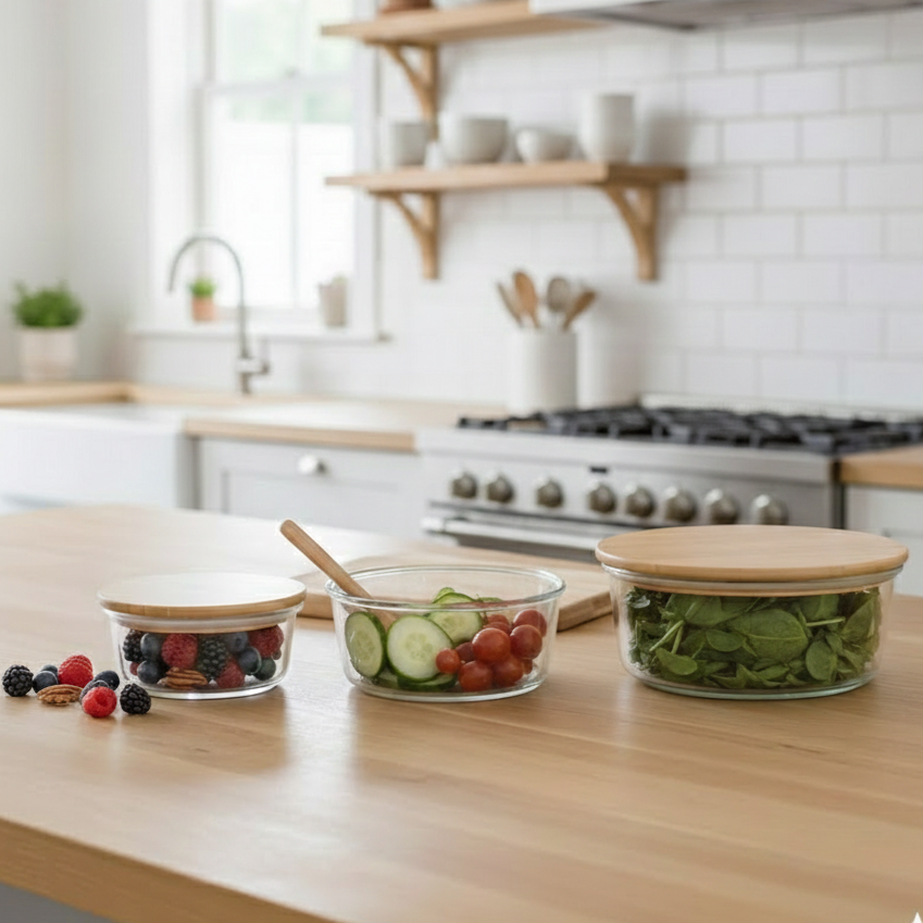 3Pcs Airtight Bamboo-Lid Glass Bowls Set (1145) – Round - All-In-One Store Pakistan
