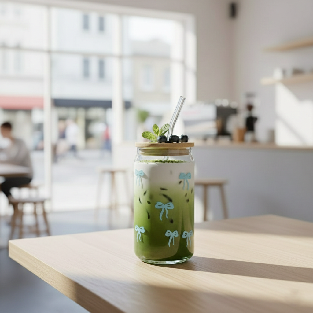 Printed Bow Glass Tumbler with Straw - All-In-One Store Pakistan
