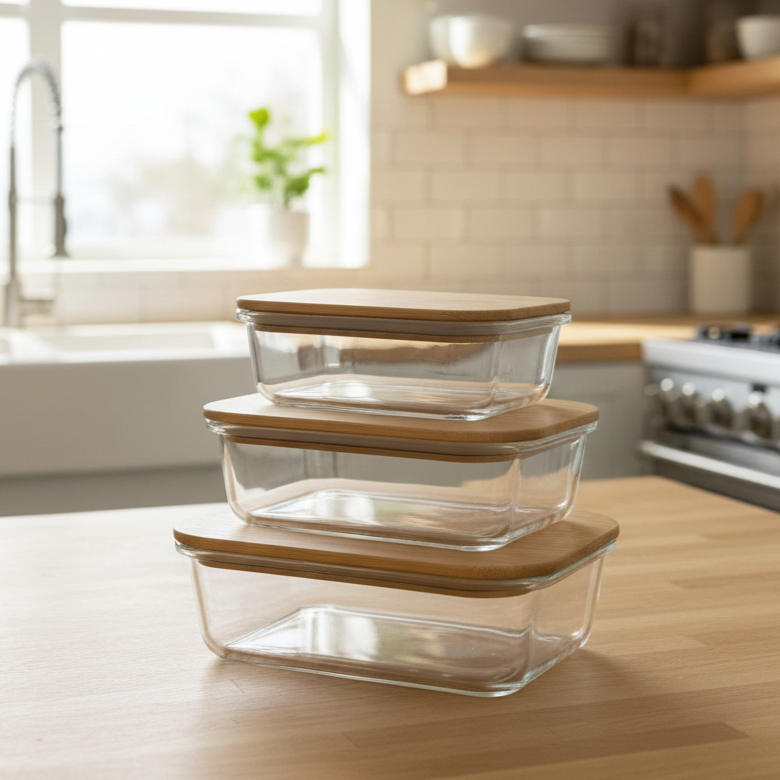 3Pcs Airtight Bamboo-Lid Glass Bowls Set (1146) – Rectangle - All-In-One Store Pakistan