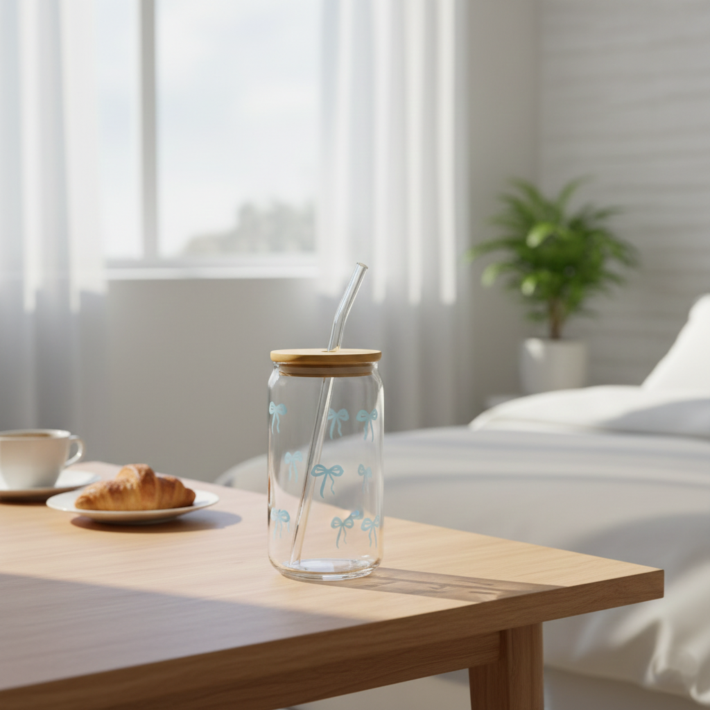 Printed Bow Glass Tumbler with Straw - All-In-One Store Pakistan