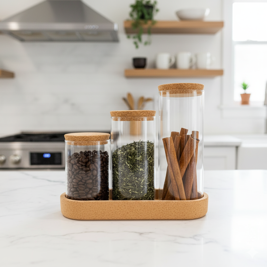 Classic Glass Storage Jar Set with Cork Lids & Tray - All-In-One Store Pakistan