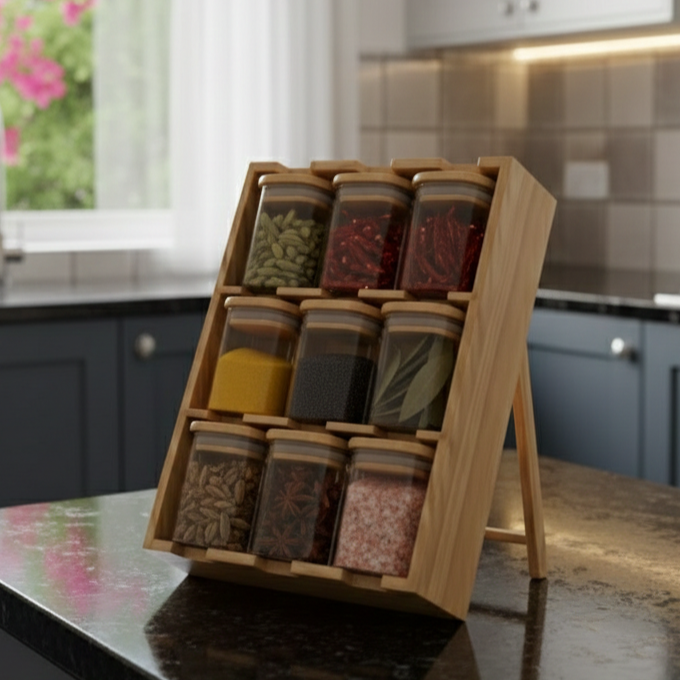 The Spice Slope: 9-Jar Fixed-Angle Bamboo & Glass Gallery (1132) - All-In-One Store Pakistan