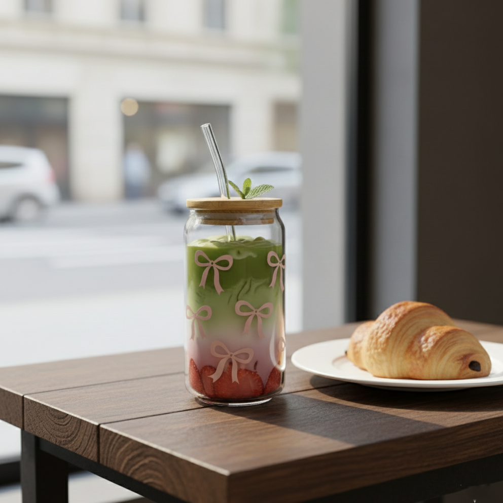 Printed Bow Glass Tumbler with Straw - All-In-One Store Pakistan