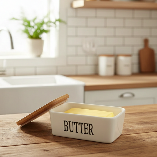 Ceramic Butter Dish with Bamboo Lid & Knife - All-In-One Store Pakistan