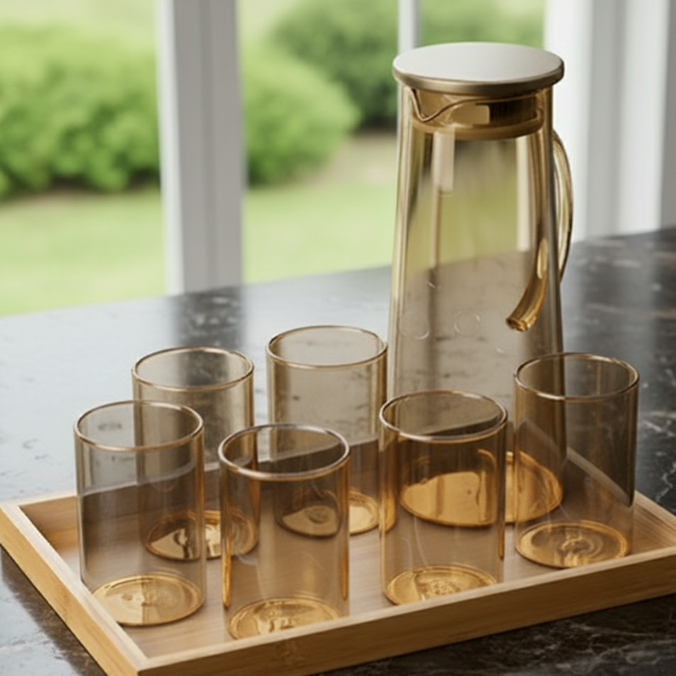 Echou 8-Pieces Pitcher & Glass Set with Bamboo Tray - All-In-One Store Pakistan