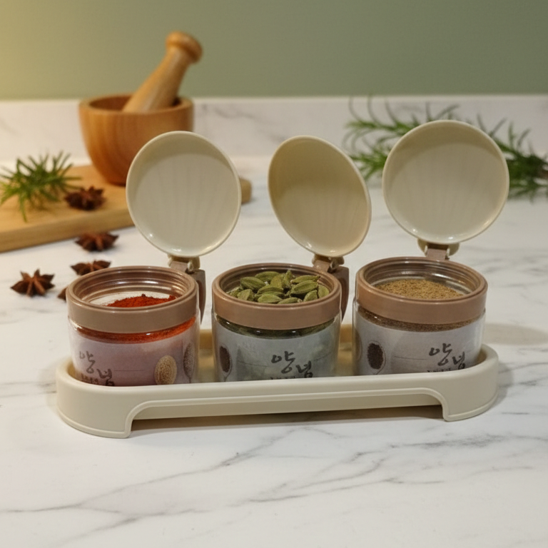 Round 3-Pcs Glass Spice Jars with Plastic Lid & Stand - All-In-One Store Pakistan