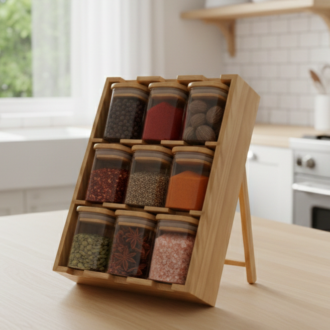 The Spice Slope: 9-Jar Fixed-Angle Bamboo & Glass Gallery (1132) - All-In-One Store Pakistan