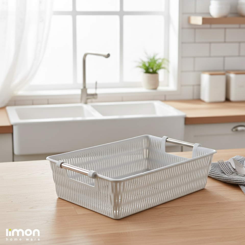 Multipurpose Rectangle Bamboo Basket with Steel Handles by Limon - All-In-One Store Pakistan