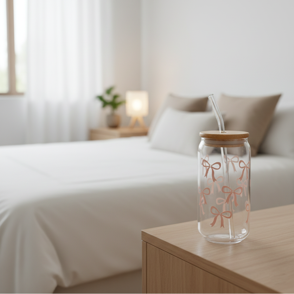 Printed Bow Glass Tumbler with Straw - All-In-One Store Pakistan