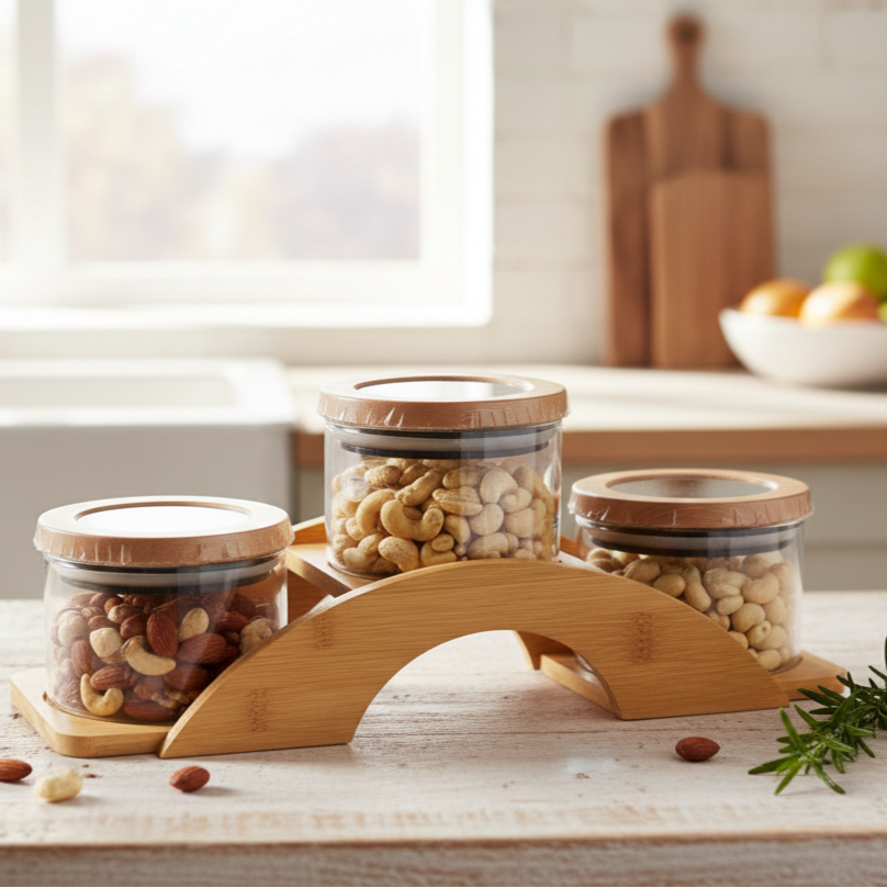 Bamboo Bridge with Round Glass Jars - All-In-One Store Pakistan