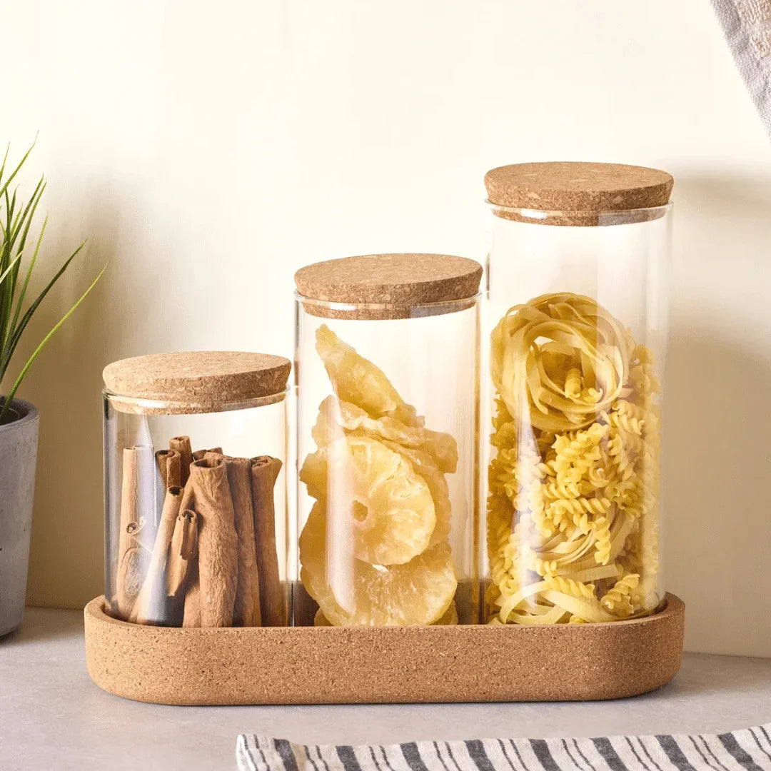 Classic Glass Storage Jar Set with Cork Lids & Tray - All-In-One Store Pakistan