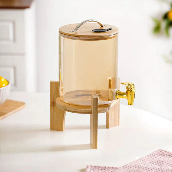 SunriseAmber Glass Dispenser with Airtight Lid and Bamboo Stand - All-In-One Store Pakistan